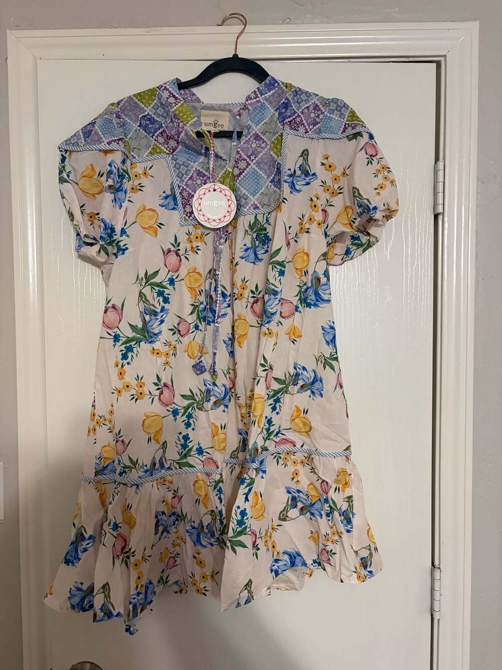 Umgee Floral Patchwork Babydoll Dress Puff Sleeve Tiered Mini Dress